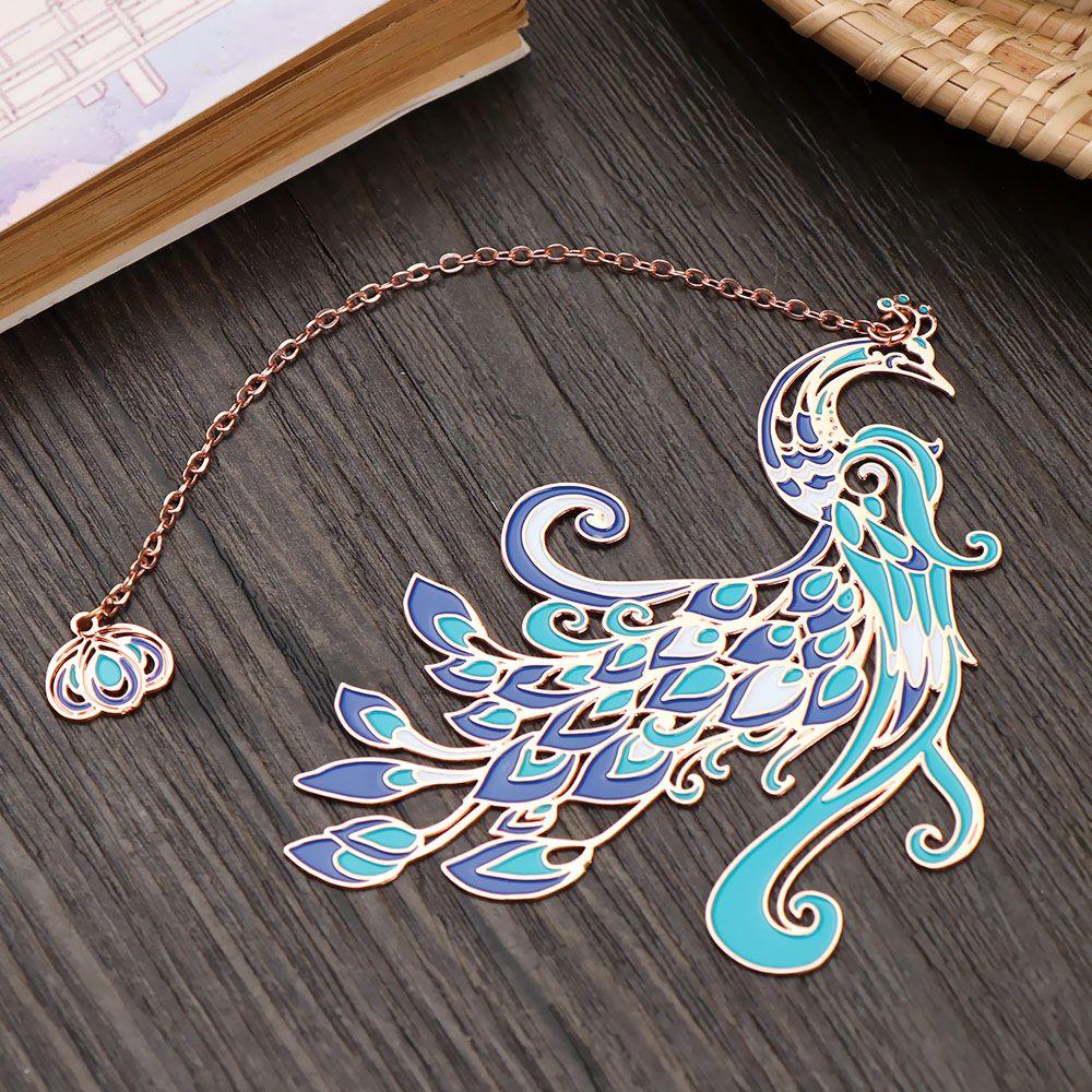 Chinese Style Koi Pendant Peacock Tassel Brass Bookmark Group Fan Shape Book Clip Pagination Mark