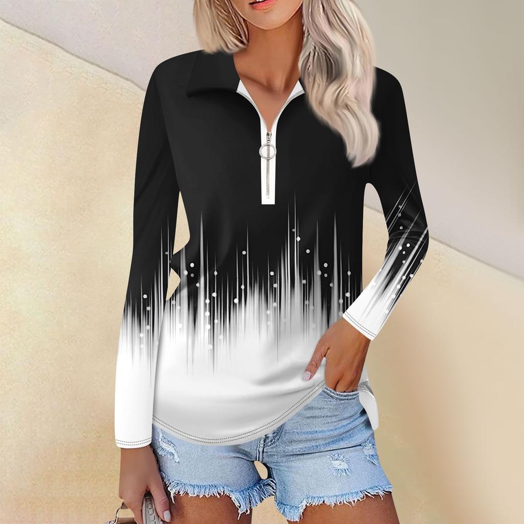 Women's Spring And Autumn Fashion Casual Printed Zipper V-Neck Long Sleeve Shirt Tops