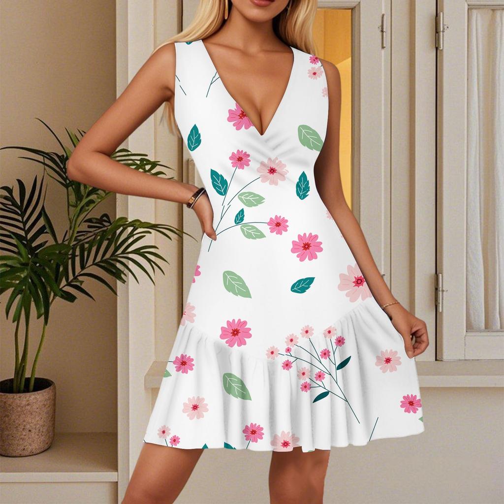 Женское летнее платье с V-образным вырезом, без рукавов, повседневное, с цветочным принтом, с плиссированным подолом