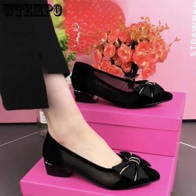 Женские весенне-летние босоножки с бантом, заостренным носком, туфли-лодочки на высоком каблуке, сетчатые, среднего размера, с вырезом, черного цвета, большого размера