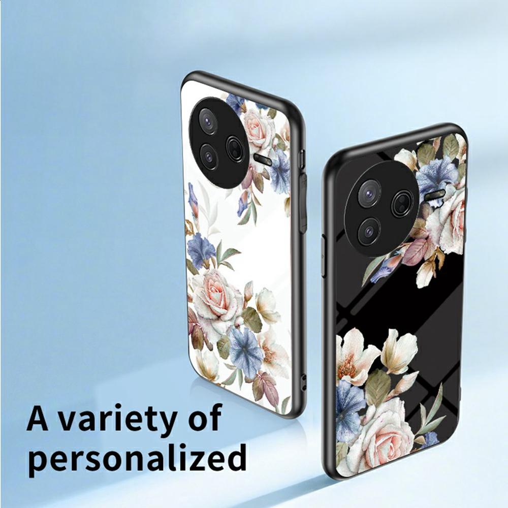 Для Xiaomi Poco F7 Pro 5G/Redmi K80 5G Чехол с цветочным узором TPU+Закаленное стекло Защитный чехол для телефона