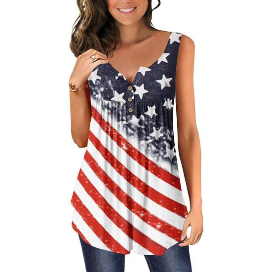 Women Vest Round Neck Buttons Half Placket Sleeveless Tank Tops US Flag Pattern Flowy Hem Camisole Daily Wear