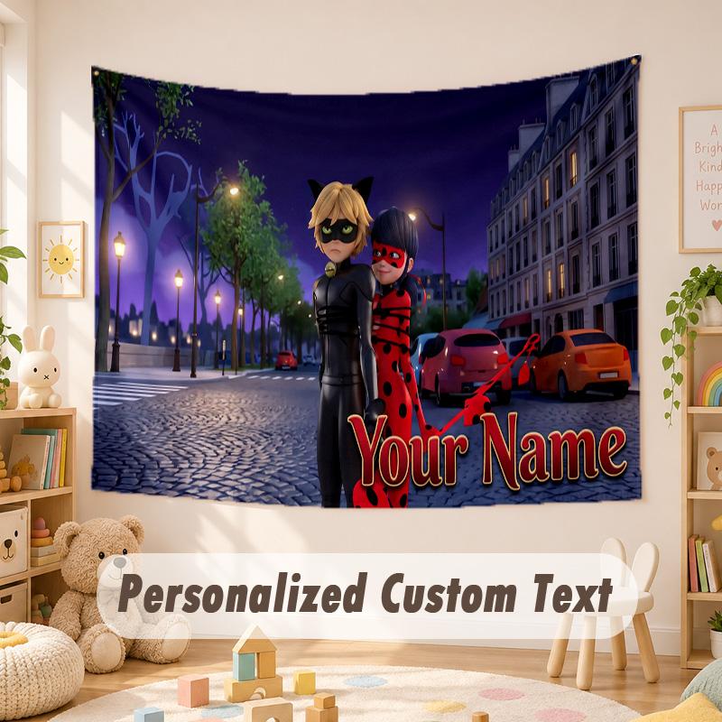 Custom Name Text Tapestry,Miraculous Ladybug Boho Wall Hanging, Decorative Backdrop Tapestry For Room