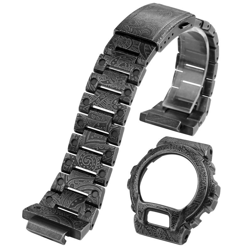 Винтажный резной безель и ремешок для часов Casio G-Shock DW6900 DW-6903. Металлический корпус часов, безель, браслет из нержавеющей стали 316