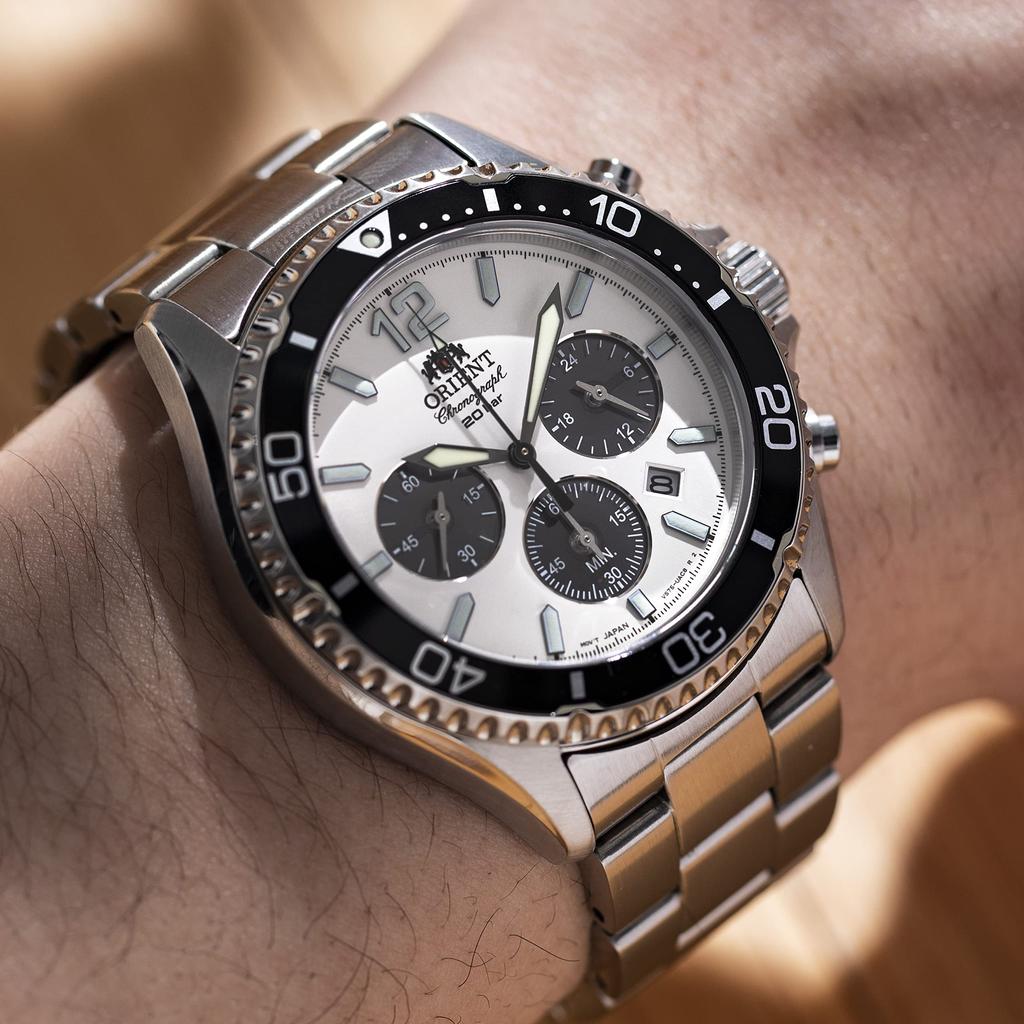 Orient Mako Solar Panda Japanese Men's Watch, White & Silver, Domestic Warranty