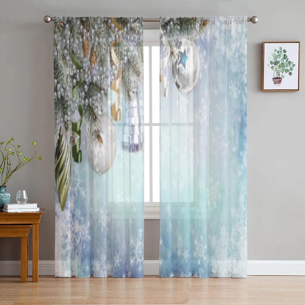 Рождественские сосновые иголки, снежинки, деревянная тюль-занавеска для гостиной, спальни, Рождественский декор, оконная вуаль, тюлевая занавеска