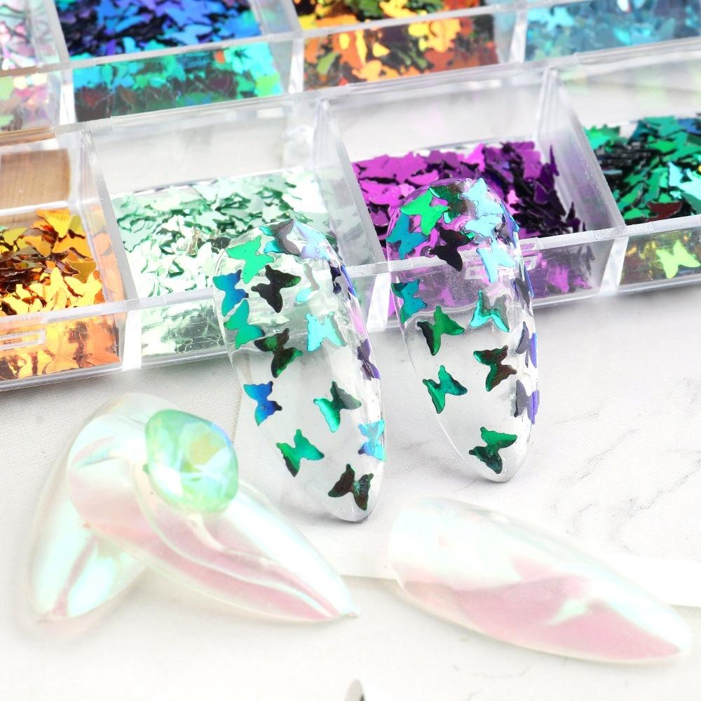 12 Цветных Сеток Набор Блесток и Пайеток для Дизайна Ногтей в Виде Бабочек Ультратонкие Кончики Мерцающие DIY Набор для Красоты Аксессуары для Ногтей для Девочек