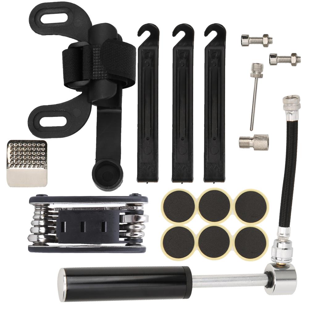Portable Bicycle Pump 120PSI 16‑in‑1 Multifunction Tire Inflator Repair Patch Kit Bike PartsBlack