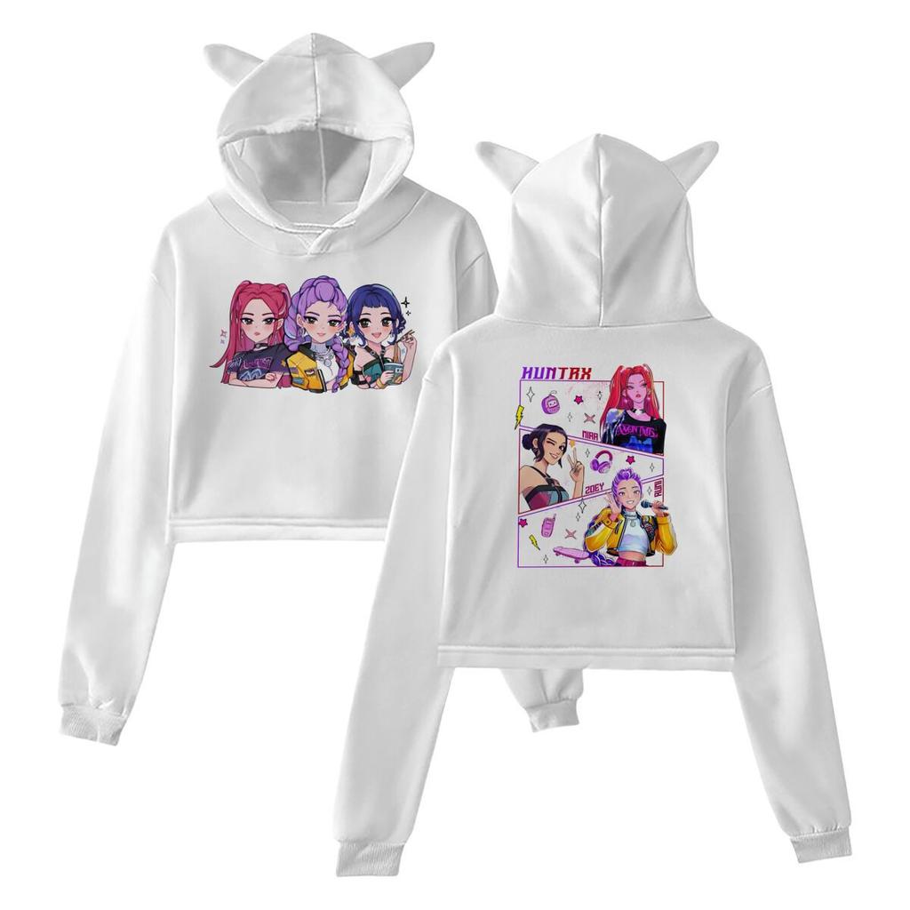 Новые K-pop Укороченные топы Охотники на демонов Толстовка с кошачьими ушками Длинный рукав Девушки Женщины Мода Худи