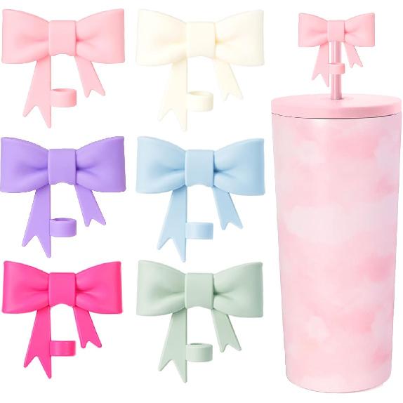6 Pcs 8mm Cute Bow Straw Covers Cap Toppers Lids Compatible with Stanley Tumbler Cups,Reble Cute Silicone StrawTips Protectors for Reble