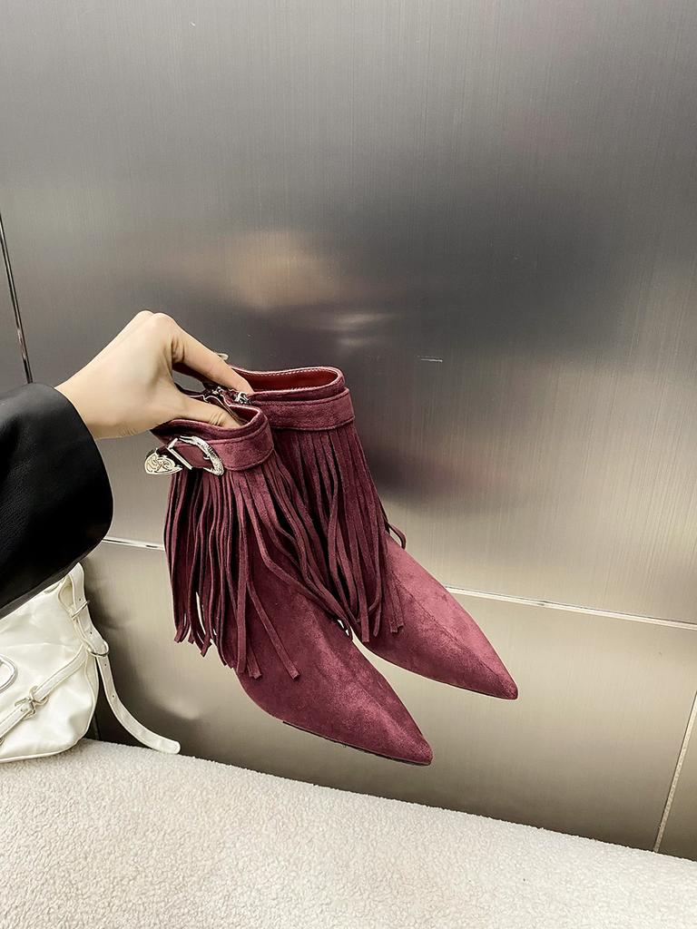 Модные женские ботильоны с острым носком из флокированной замши 2024 года, новые поступления, черные, коричневые, фиолетовые, зимние короткие ботинки челси, размер 35-40