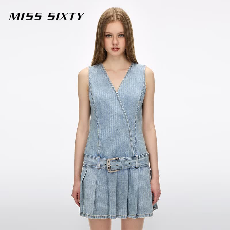 Miss Sixty Женское полосатое плиссированное джинсовое мини-платье