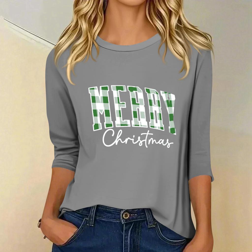 Women's Fashion Casual Three-quarter Sleeve Christmas Print Crewed Neck Top