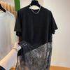Women T-shirt Round Neck Short Sleeve Mid-length Tops Solid Color Side Slit Design Lace Splicing Tee Shirt Daily Wear
