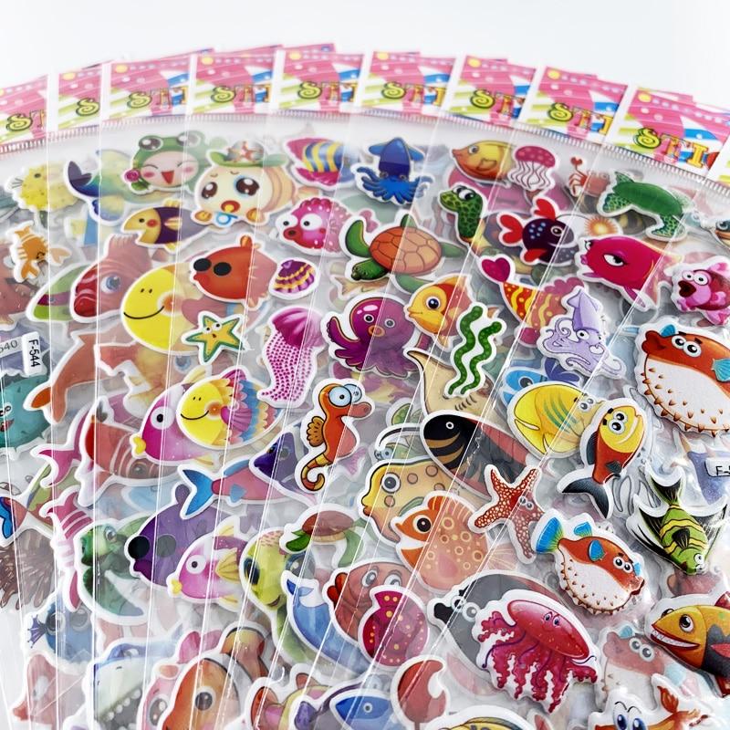 12 Sheets/set Marine Fish Pattern Kids 3D Cartoon Stickers Bubble PVC Scrapbooking Sticker for Children Boys Girls Cute Gift