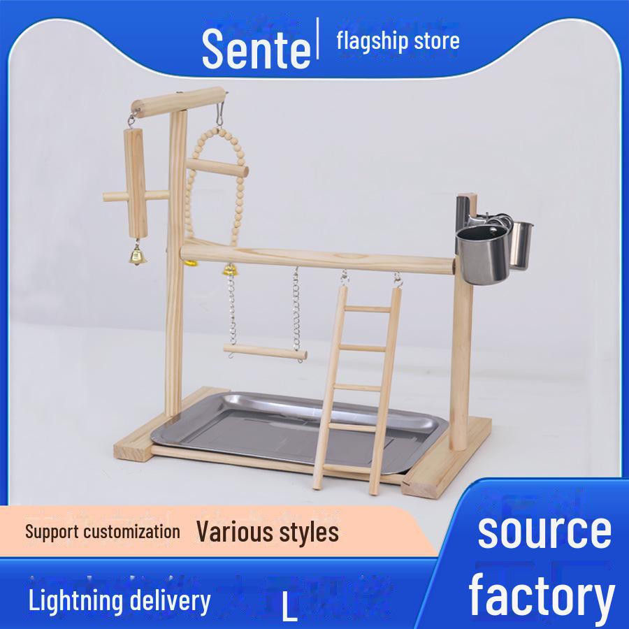Игровая площадка для попугаев из цельного дерева: Подставка для птиц с контейнером для еды из нержавеющей стали, палкой и лестницей