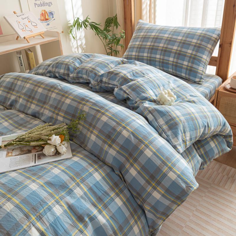 Хлопок Стиранный Хлопок Односпальное Постельное Белье Пододеяльник Студенческое Общежитие Чистый Хлопок Постельное Белье Комплект из Четырех Предметов Простыня Пододеяльник Простой Комплект из Трех Предметов