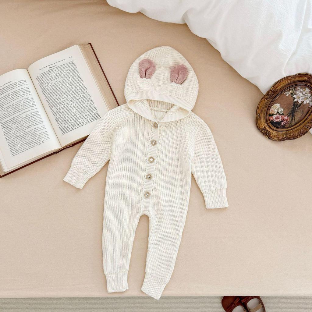 Корейский стиль Унисекс Детский ромпер с капюшоном с ушками кролика - Осенне-зимний хлопковый костюм