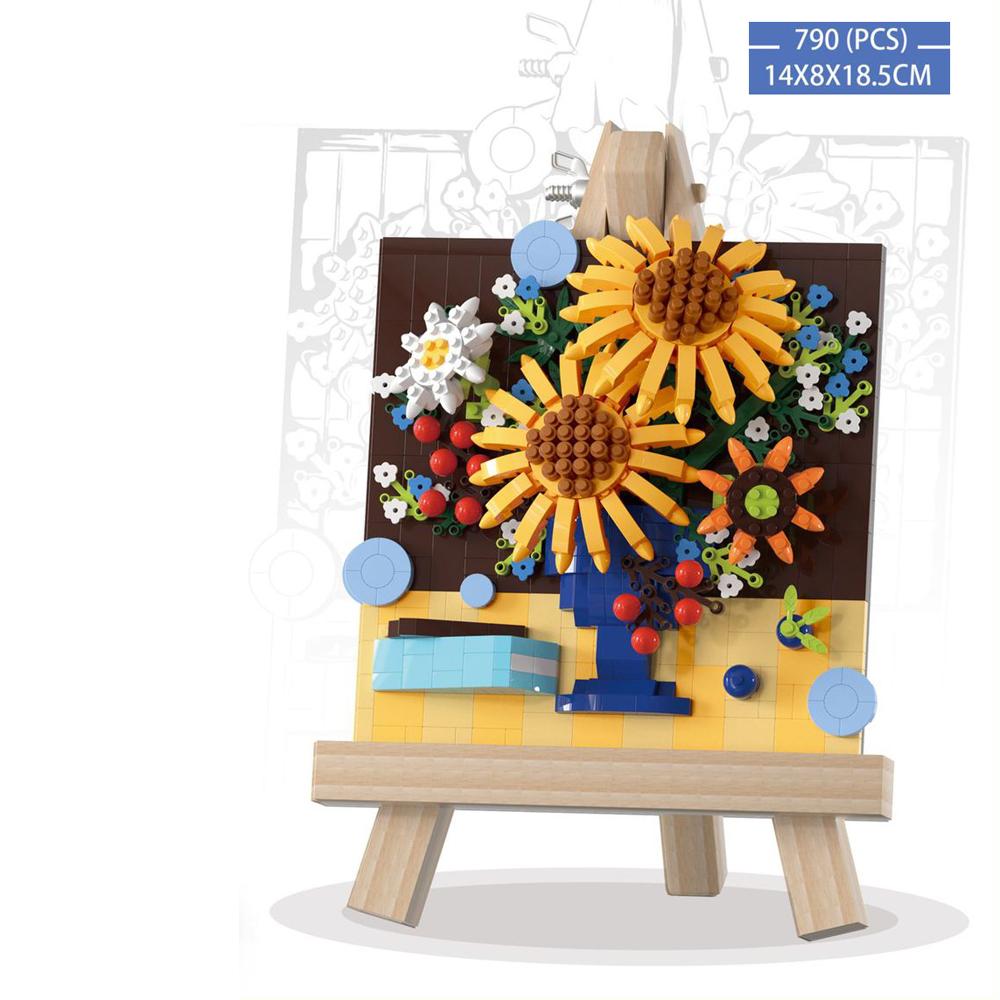 Flower Painting Building Bricks with Wooden Easel Micro Diamond Block Toys for Girls Desktop Decoration