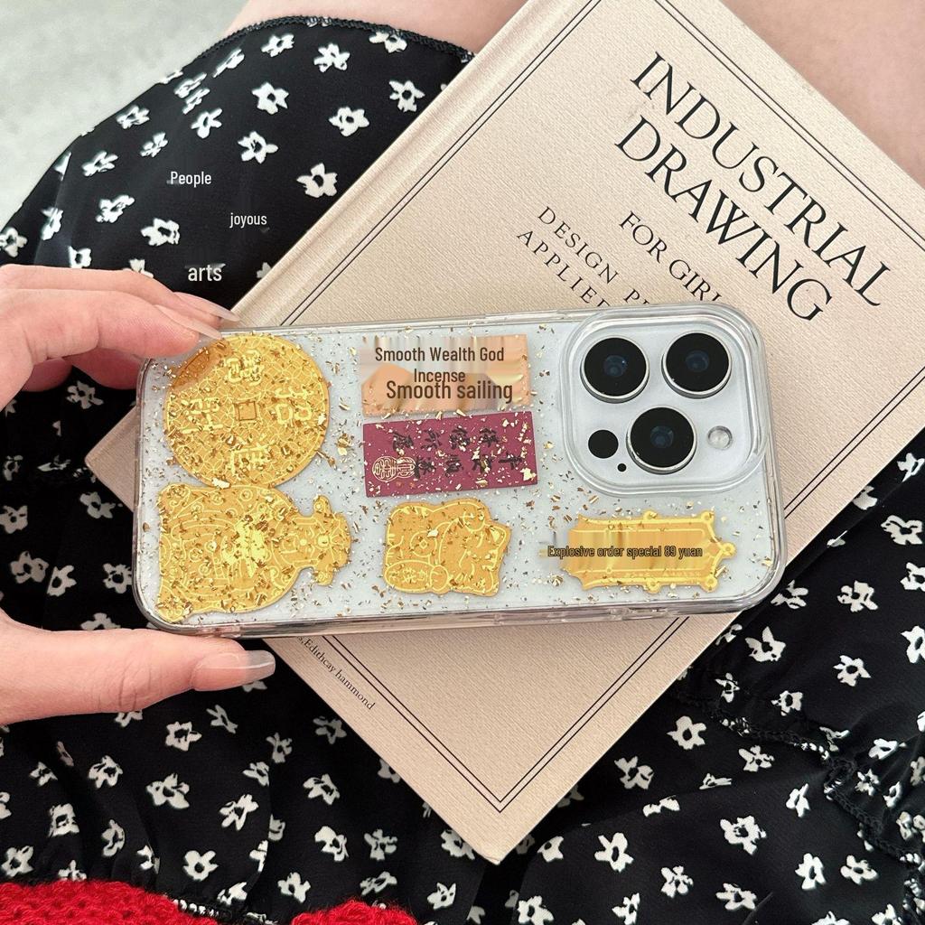 Китайский Бог Богатства Золотая Фольга Эпоксидный Чехол для Телефона для iPhone 13, 14, 15, 16 Pro Max & 17 Air - Ударопрочный Дизайн