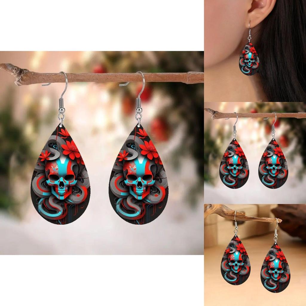 Halloween Themed Flower Skull Patterns Water Droplet Shaped Women Earrings For Dark Style Festive Occasion