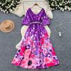 Women Printing Dress Lantern Sleeve Elastic Waist Elegant A-line Dresses Belted Ruched Summer Retro Woman Dresses