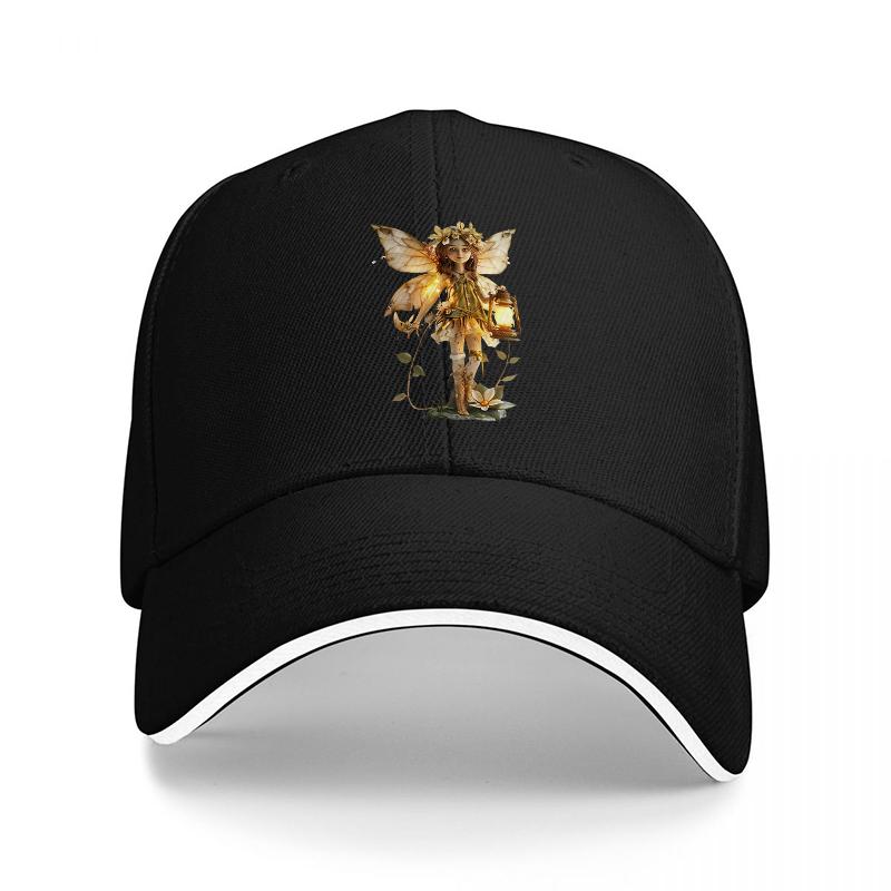 Golden Fairy Angel Design Baseball Cap with Elegant Wings and Lantern Artistic Print for Fashionable Streetwear Style