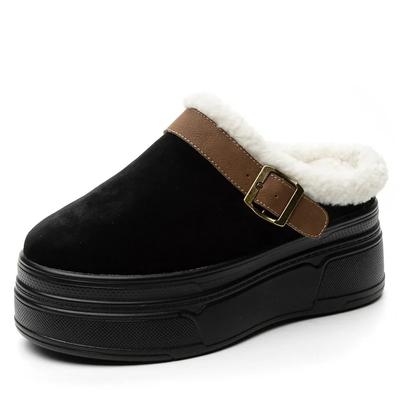 Модные 8 см замшевые тапочки из натуральной кожи на платформе и танкетке для женщин, модные теплые шлепанцы для женщин, осень-весна-зима, плюшевые туфли