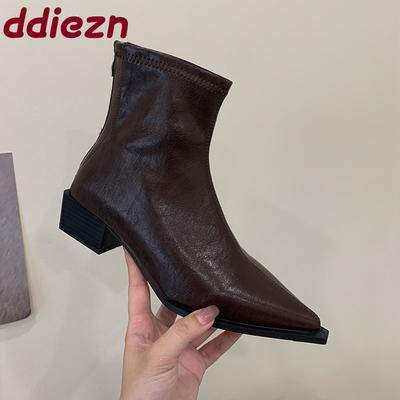 Мода Мода Стрейч Женские Ботильоны На Каблуке Обувь Острый Носок Женские Современные Короткие Ботинки Женская Обувь на Молнии Туфли-Лодочки