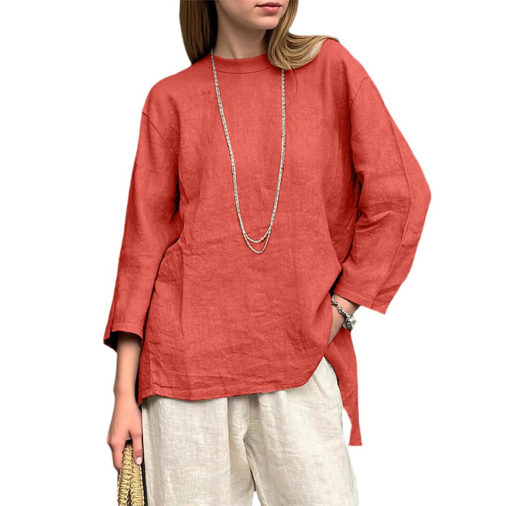 Женский свободный топ из хлопка и льна с ретро-принтом, круглым вырезом и длинными рукавами