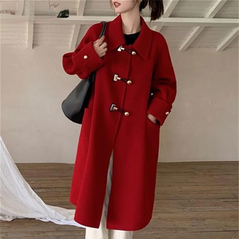 Cotvotee Red Wool Coat Women Autumn Winter 2023 Vintage New Turn Down Collar Long Coats Casual Long Sleeve Horn Button Jacket
