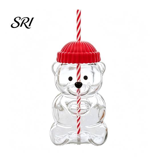 Eco Friendly Sippy Cup Bear Shape with Straw Lid 500ml Heat-Resistant Glass Tumbler Reusable Cold for Iced Coffee Milk Tea Juice