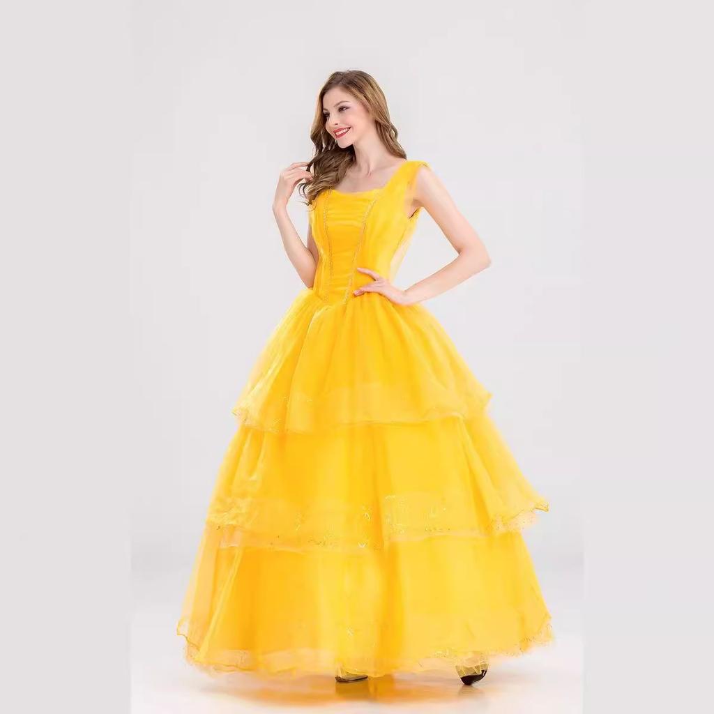Golden Cinderella Bell Princess Dress Costume, Fairy Tale Adult Uniform Halloween Ball Costume