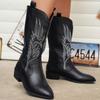 Boots Women Winter 2024 Leather Square Heel Western Cowboy Boots Mid-Calf Totem Knight Female Boot Outdoor Slip-On Women Shoes