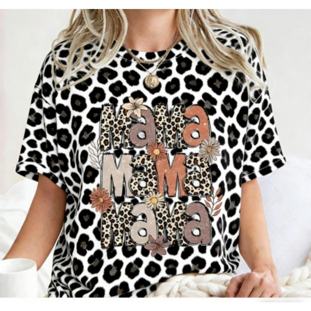 Fashion Funny Stripe Colorful Leopard Mama Print Kids Short Sleeves T-Shirt Loose Casual Summer Outdoor Street Boy and Girl Tees Tops