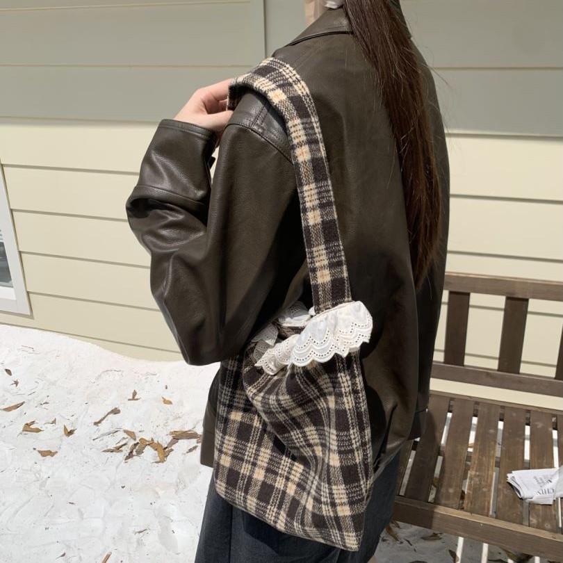 Кружевная клетчатая холщовая сумка, нишевый дизайн, симпатичная сумка через плечо, женская осенняя универсальная портативная сумка через плечо