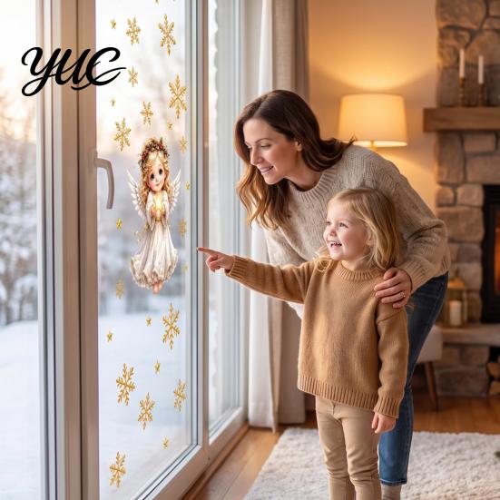 Transparent Window Stickers Christmas Angel Clings, Removable PVC Static Glass for Holiday Glue Free Film Home Decor, Reusable Electrostatic Snowflake