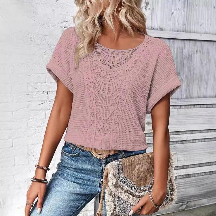 Весна Лето Женская Мода Футболка Европейский Американский Модный Коллекция Короткий Рукав Кружевная Отделка