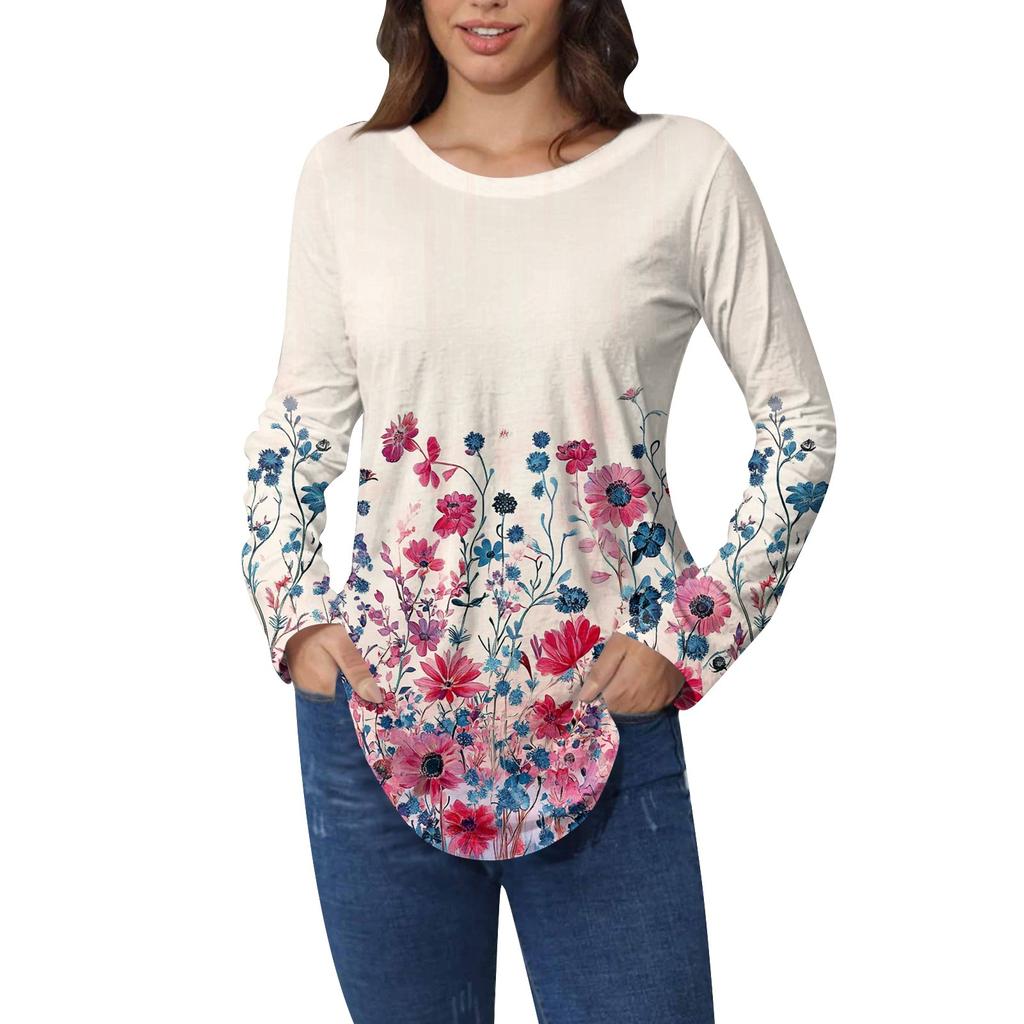 Рубашки для женщин Милые винтажные узоры с принтом Футболка с длинным рукавом Туника Топы Хлопковые пуловеры