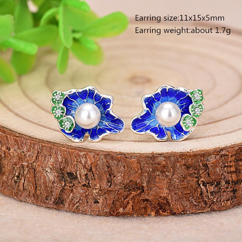 Buyee 925 Sterling Silver Ethnic Jewelry Sets 8mm Pearl & Blue Enamel Lotus Sweet Earring Ring for Woman Excellent Jewelry Sets