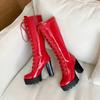 Fashion Round-toe Lace-up Women's Patent Leather Knight Boot Knee-length Waterproof Platform Thick-heeled High-heeled Women's Sexy Boots