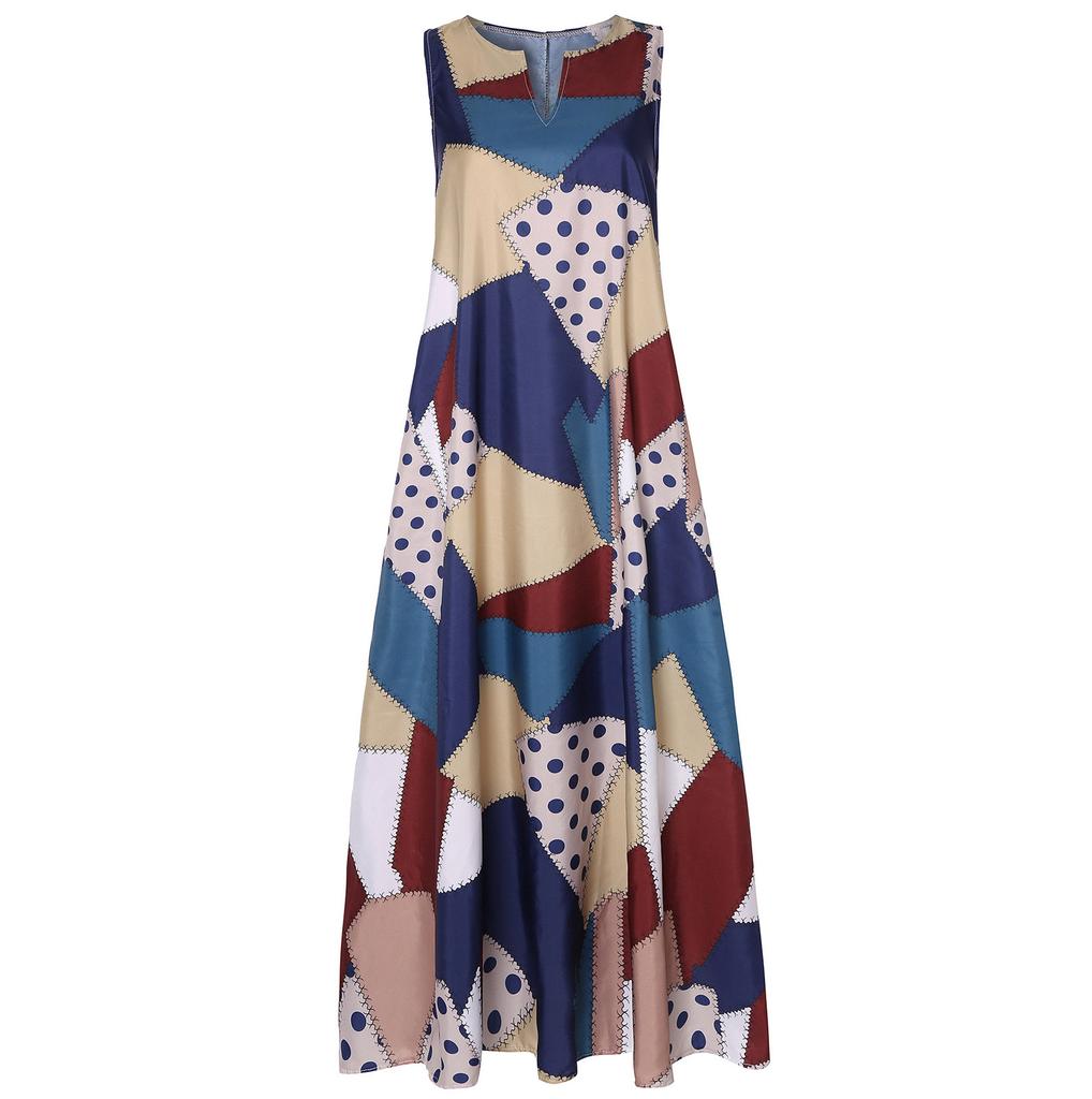 Женское модное повседневное ретро-платье с принтом и v-образным вырезом без рукавов, карманное платье