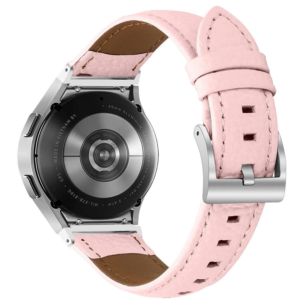 Genuine Cow Leather Strap with Connector for Samsung Galaxy Watch FE 40mm/Watch7/Watch6/Watch 5/Watch4 Litchi Texture Silver Buckle Watch Band