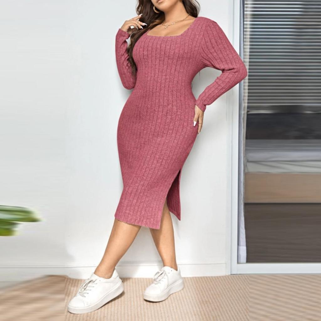 Large Size Long Sleeved Square Neck Slit Knitted Long Dress For Women