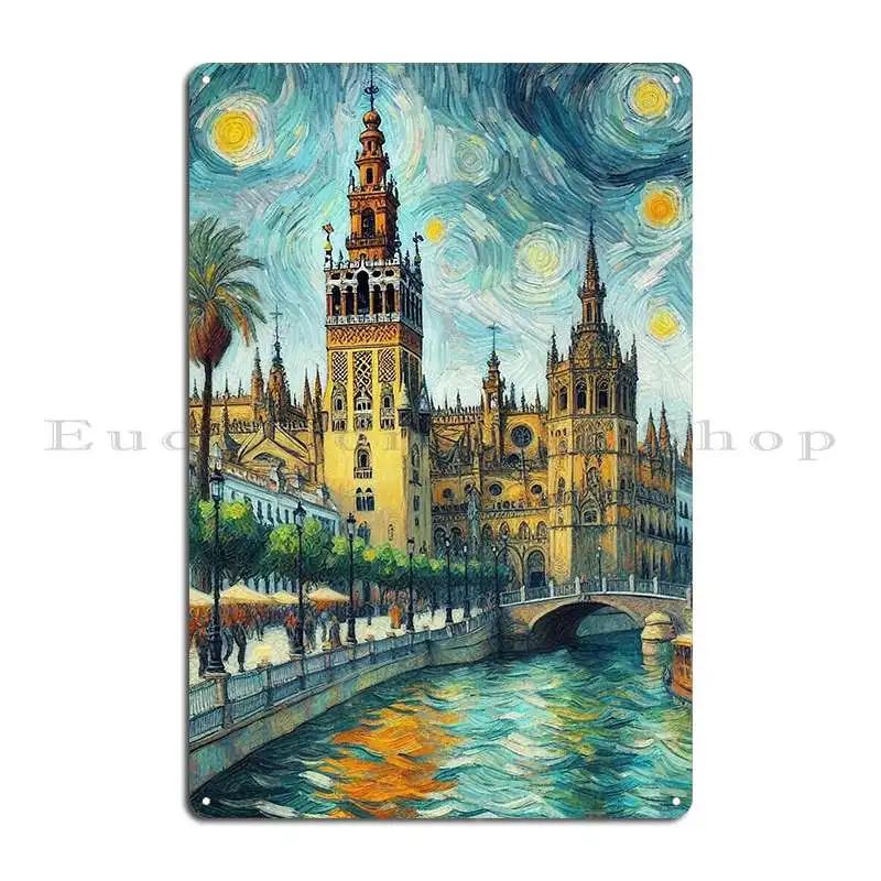 DORA Tin Sign The Starry Night Of Seville Metal Plaque Poster Designer Painting Kitchen Bar Cinema Tin Sign Poster
