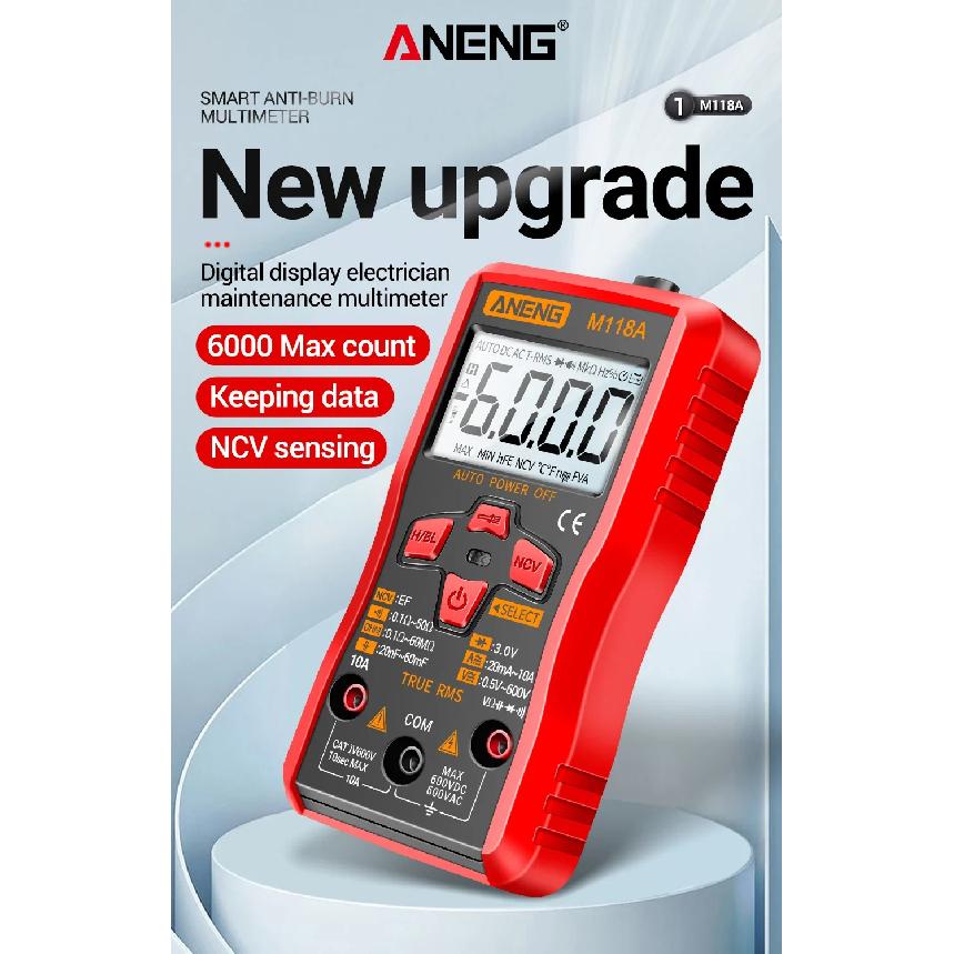 ANENG M118A Digital Mini Multimeter Tester 6000counts Auto Mmultimetro True Rms Tranistor Meter with NCV Data Hold Flashlight