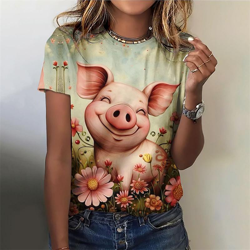 Funny Animal Pattern T-Shirt For Women Cute Fox 3D Printed T Shirts Summer Casual Daily Round Neck Tops Short Sleeves Loose Tees
