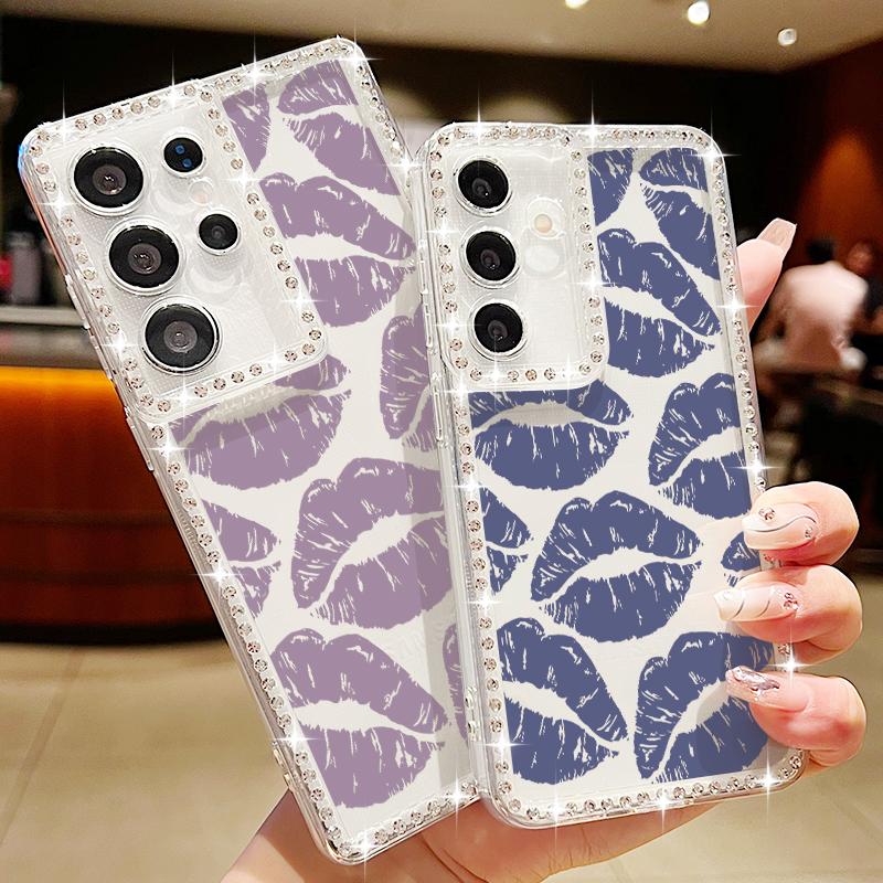 Мягкий силиконовый чехол с принтом в виде губ и ромбовидной рамкой для Samsung S25 Edge S24 FE S23 Ultra S22 A16 A56 A36 A15 A55 A35, прозрачный противоударный чехол для телефона