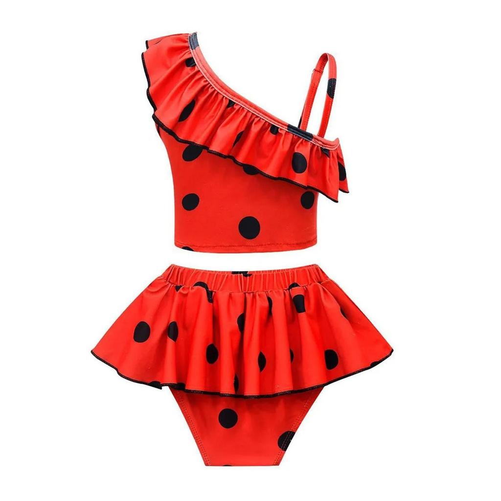 Girls Red & Black Polka Dots Bathing Suit Bikini Swimsuit Swimwear