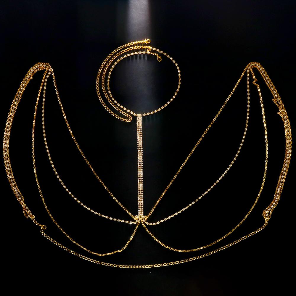 Stonefans Crystal Multilayer Chest Chain for Women High Waist Beachwear Charming Tassel Rave Outfits Bikini Body Chain Harness